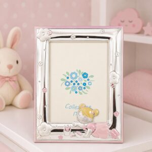 Portafoto in Argento con Bambina e Fiori Smaltati Rosa