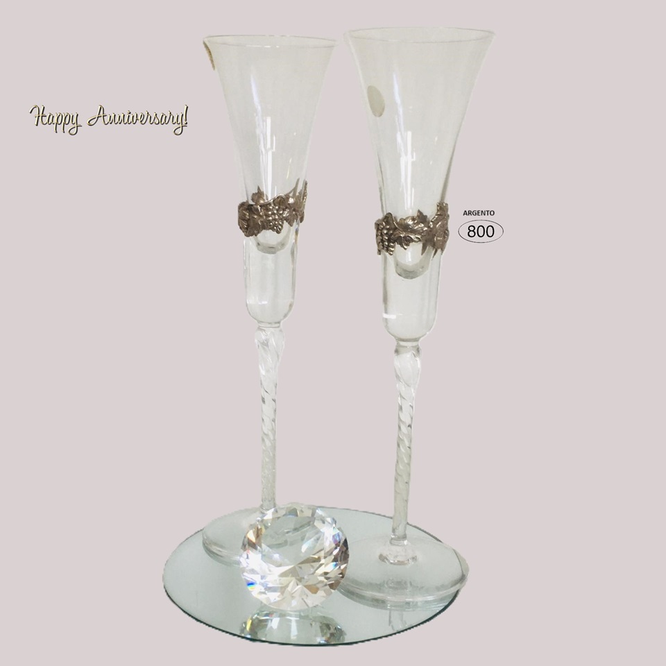 Flutes Champagne in cristallo con uva in argento set 2 pezzi