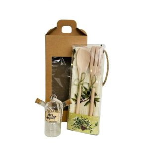 Set regalo cucina oliera strofinaccio e posate in legno