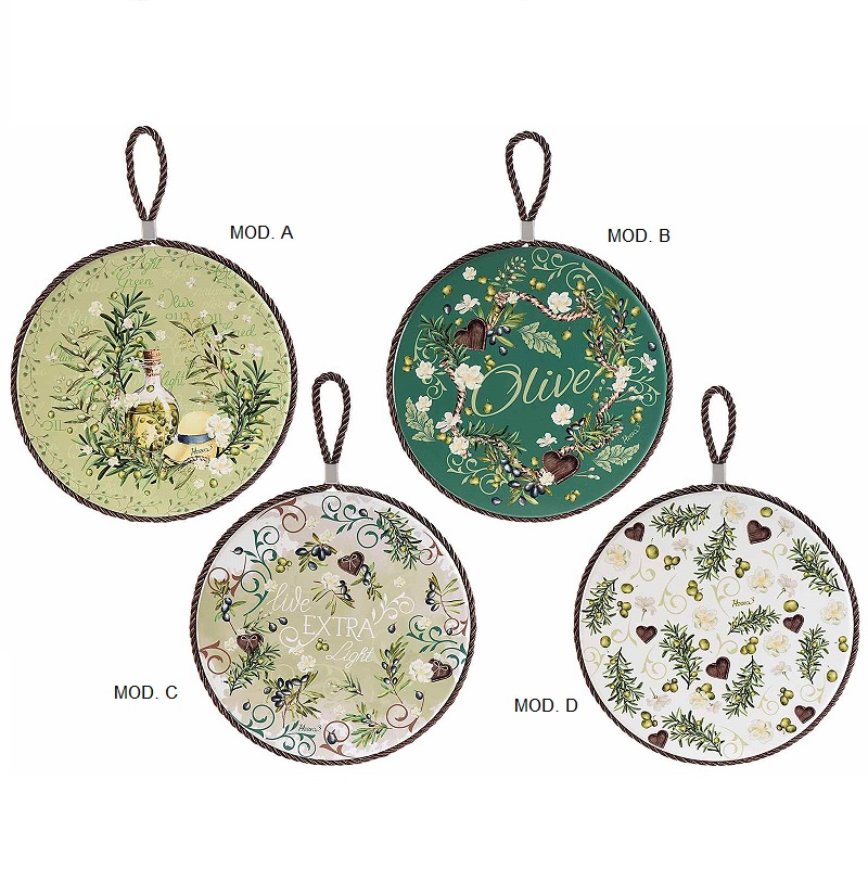 Sottopentola decoro olive in ceramica e sughero