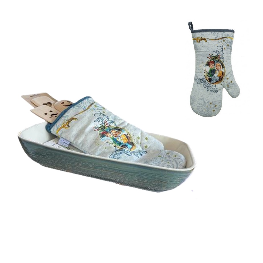 Pirofila reactive blu con Guanto e posate idea regalo Natale Brandani