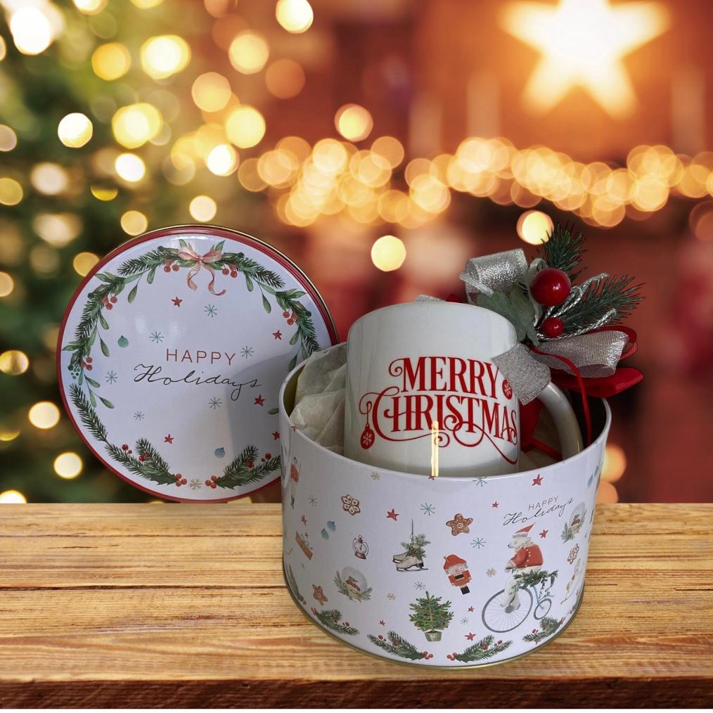 Tazza Mug scritta Merry Christmas in scatola di latta Natale