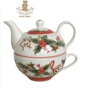Teiera con tazza tea for one in porcellana decoro agrifoglio Royal Family