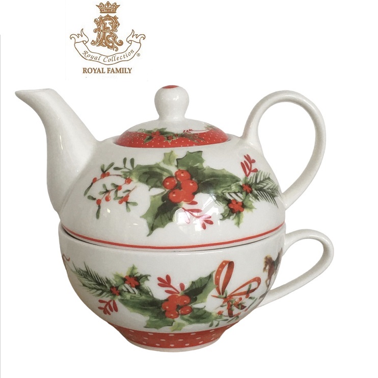 Teiera con tazza tea for one in porcellana decoro agrifoglio Royal Family