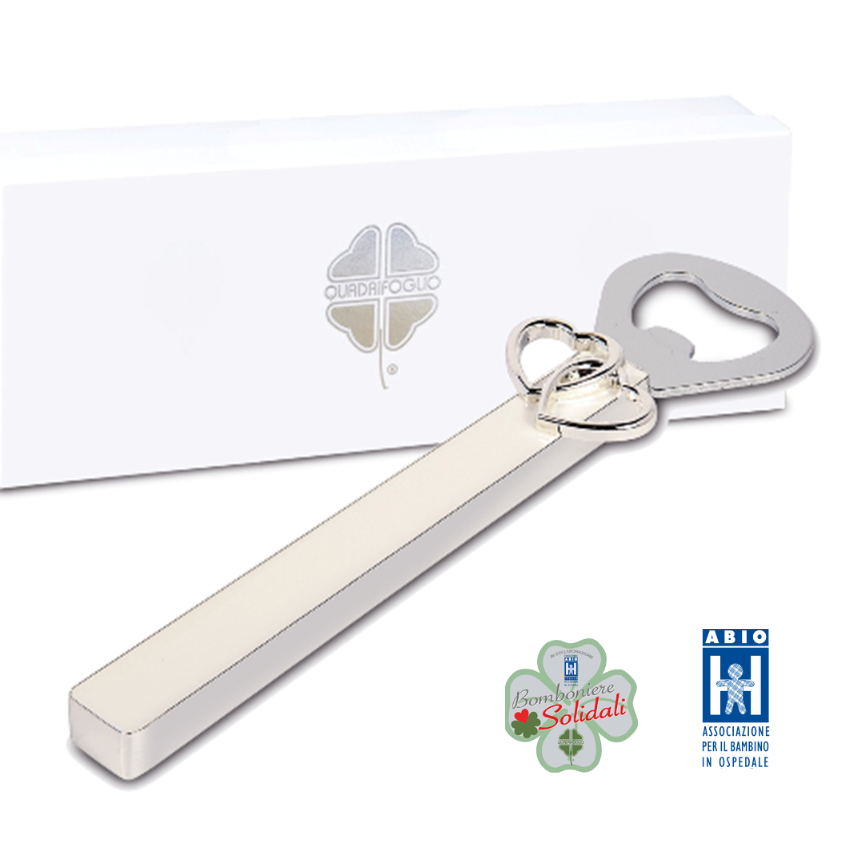 Apribottiglia smaltato con cuori e Bomboniera Solidale ABIO