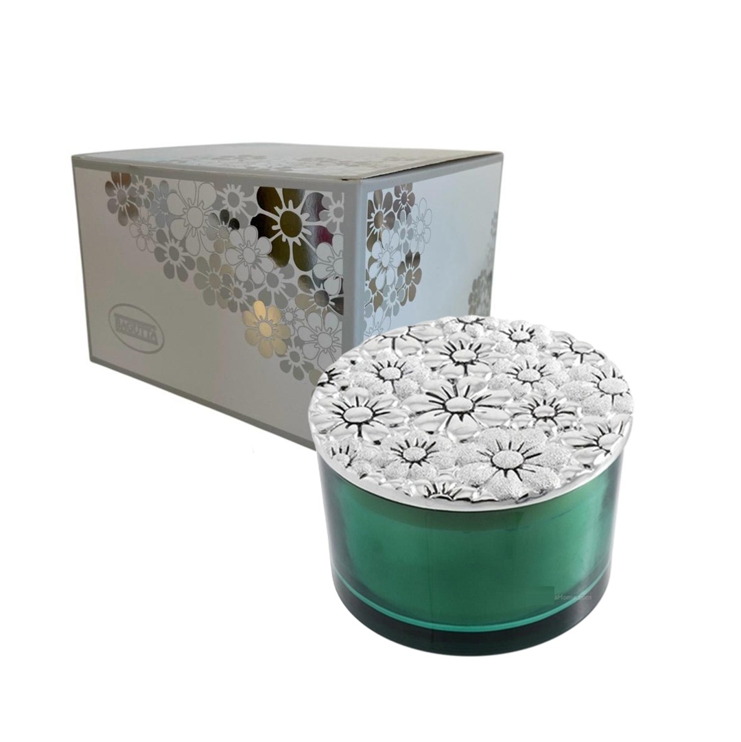 Candela profumata in vasetto tondo con coperchio Margherite argentate