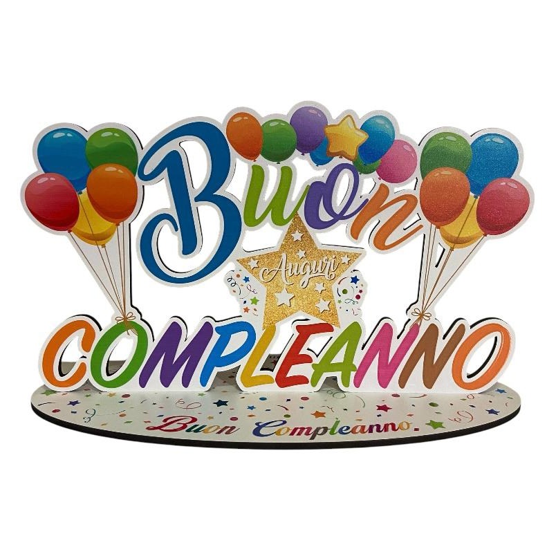 Decorazione con scritta in legno colorata Buon Compleanno con palloncini
