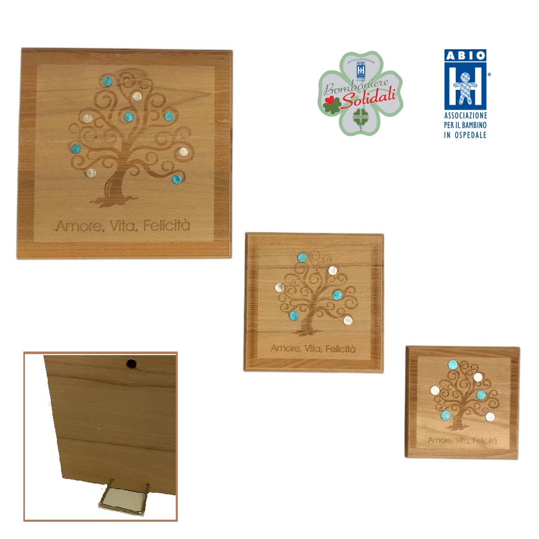 Quadretti in legno Albero della Vita con pois e scritte Regali Solidali ABIO