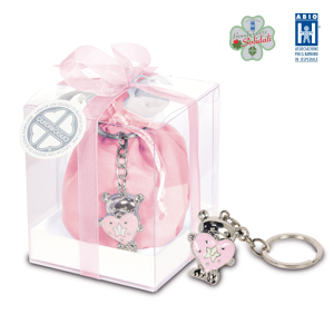 Sacchettino rosa con portachiavi orsetto e scatola Bomboniera Solidale ABIO