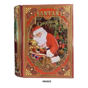 Scatola in latta a libro grande con Decoro Natalizio in rilievo Santa's Christmas list