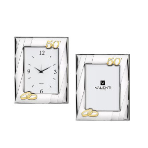 Portafoto e Orologio in argento laminato con 50 e fedi dorate per annivarsario