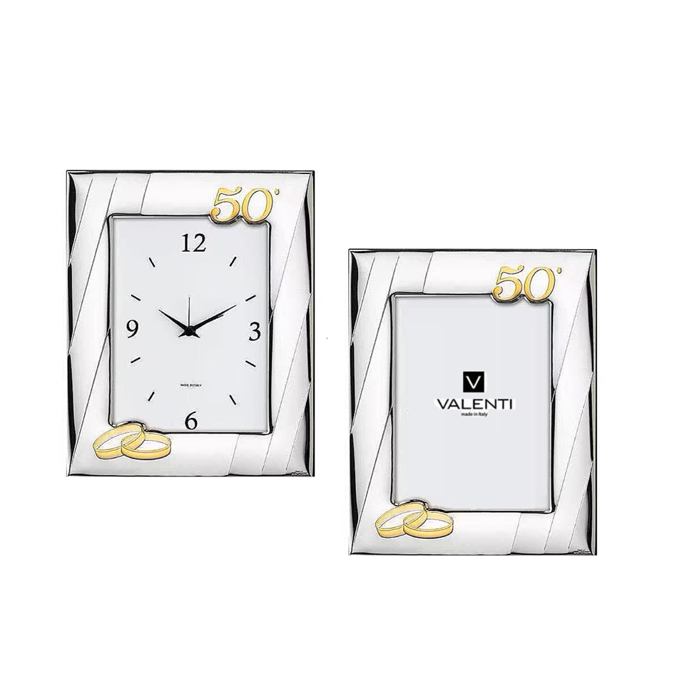 Portafoto e Orologio in argento laminato con 50 e fedi dorate per annivarsario