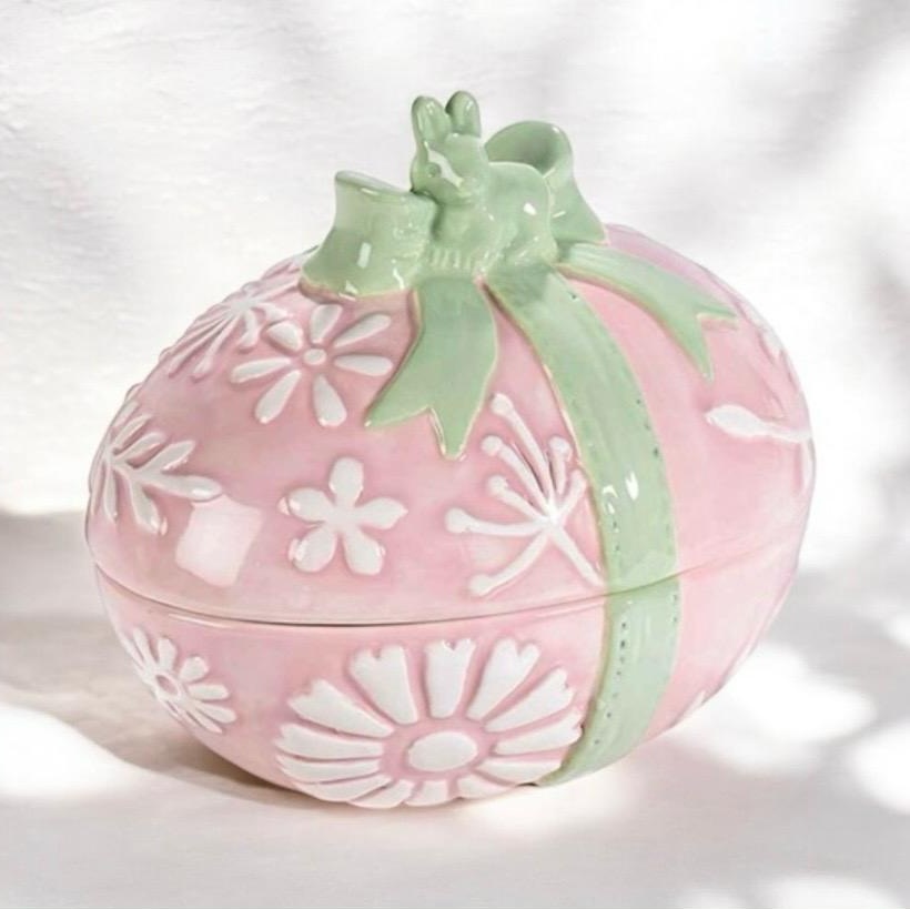 Scatola a forma di uovo con coniglietto in ceramica rosa e verde per Pasqua