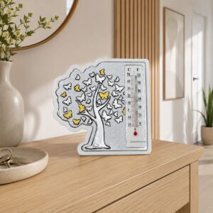 Termometro in resina argentata con decoro Albero della Vita farfalle argentate e dorate
