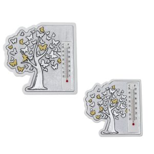 Termometro in resina argentata con decoro Albero della Vita farfalle argentate e dorate