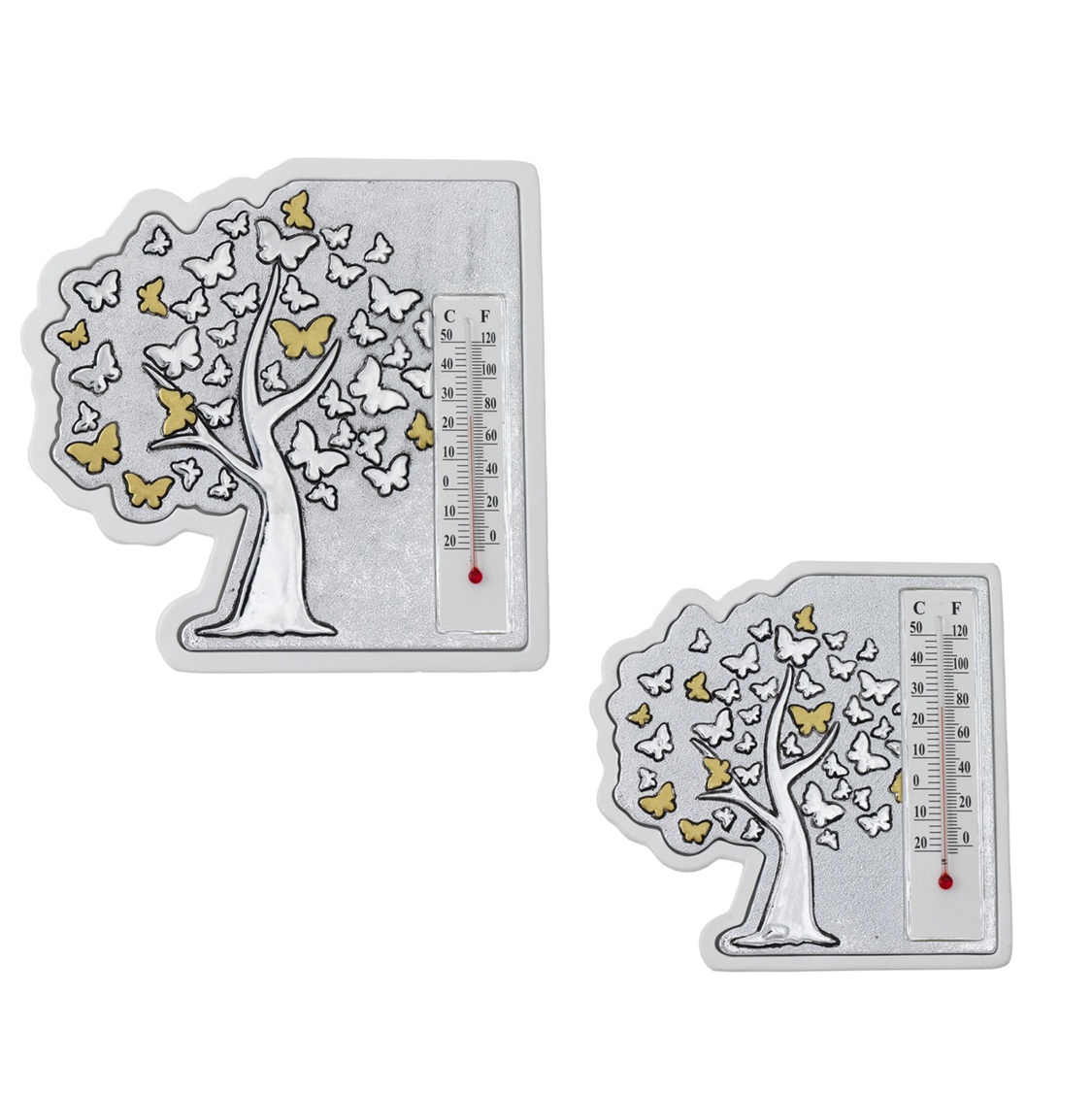 Termometro in resina argentata con decoro Albero della Vita farfalle argentate e dorate