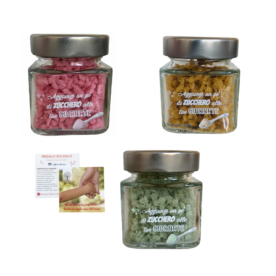 Barattolo zucchero aromatizzato con scritte Regalo Bomboniera Solidale