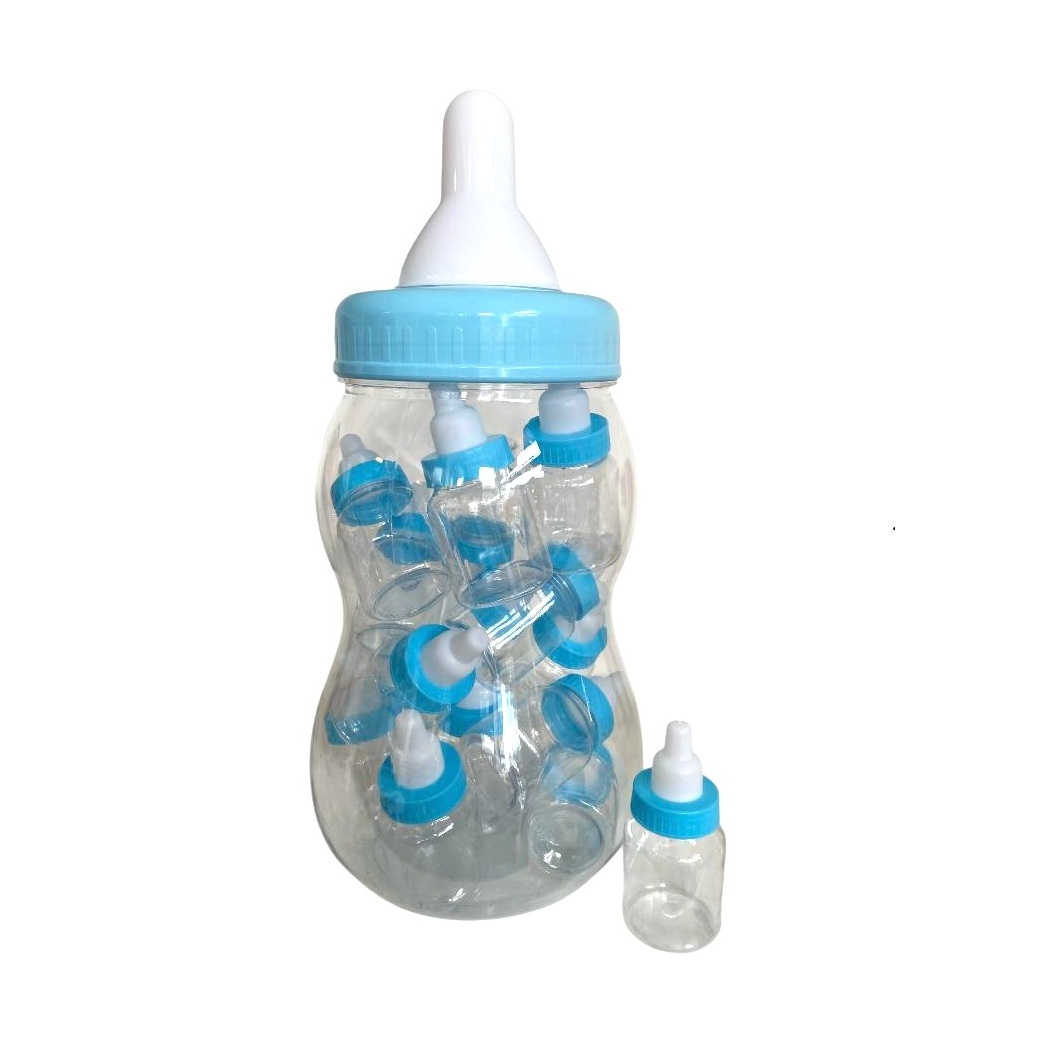 Biberon contenitore e salvadanaio con 18 mini Biberon azzurri