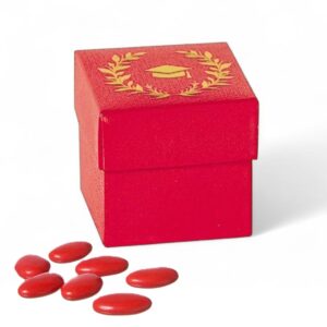 Scatolina cubo rossa portaconfetti Laurea con tocco e alloro dorato
