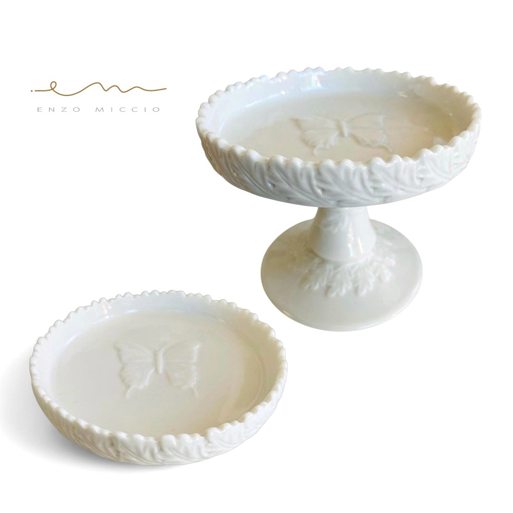 Set Svuotatasche con alzatina in porcellana bianca con farfalla ENZO MICCIO Collection