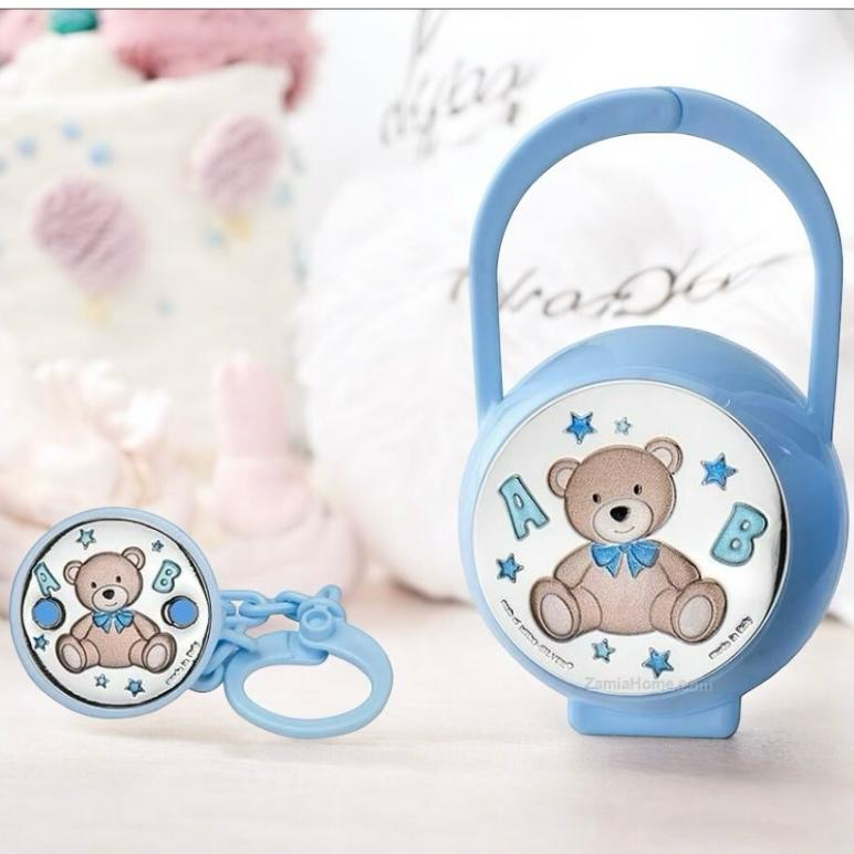 Set Scatola porta ciuccio e pinza con placca in argento orsetto azzurro