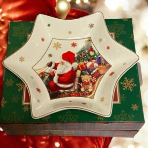 Ciotola Natalizia in Porcellana a Forma di Stella con decoro Babbo Natale sulla slitta e doni