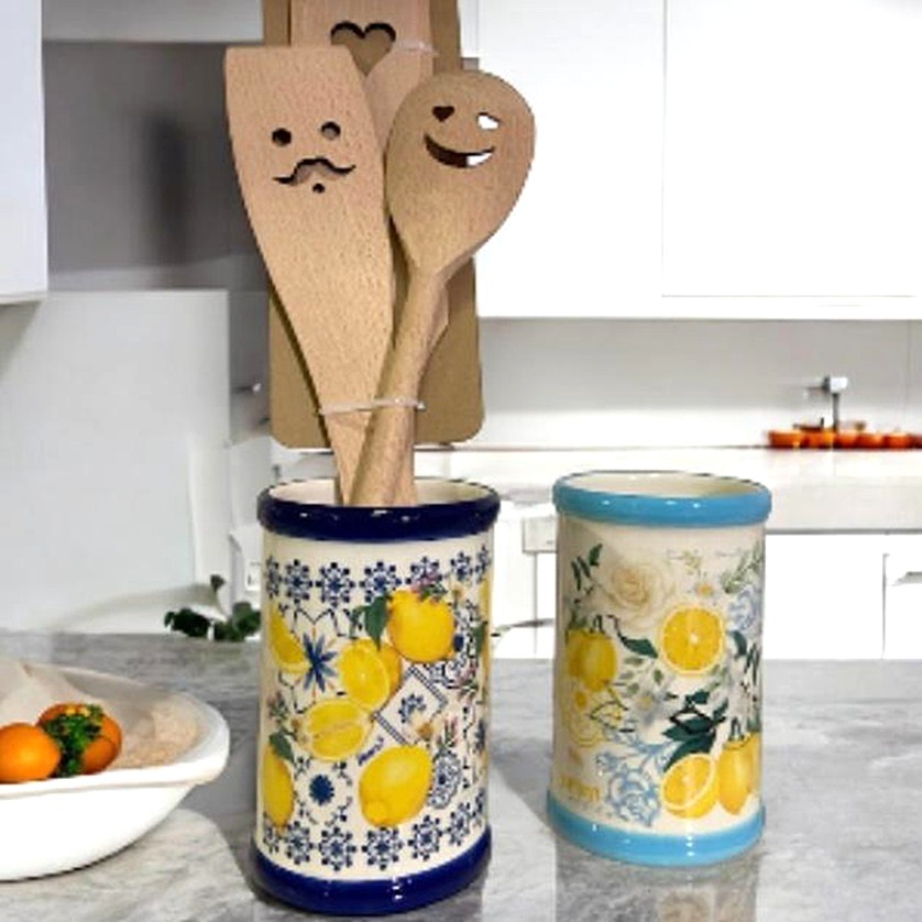 Porta utensili da cucina con decoro limoni e maioliche