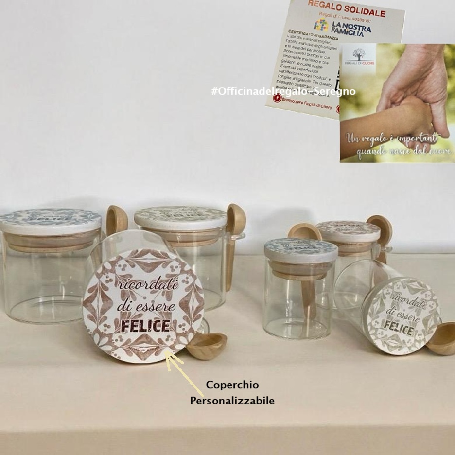 Barattolino in vetro e legno con cucchiaino Bomboniera Solidale personalizzabile