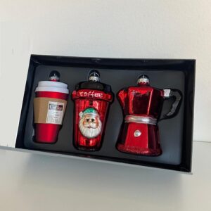 Set Natalizio Coffee Lover di 3 Addobbi in Vetro Soffiato Decorato a Mano