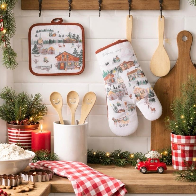 Set Natalizio 'Winter Magic' Guantone, Presina e Utensili in Legno con Confezione Regalo