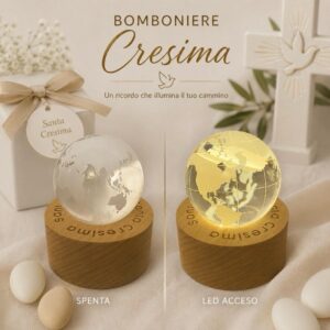 Bomboniera Cresima – Mappamondo in Cristallo con Base in Legno e Luce LED