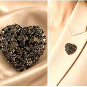 Spilla Artigianale a forma di cuore in metallo brunito con strass stile Vintage