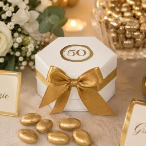 Scatolina Esagonale Porta Confetti 50° Anniversario con Fiocco Oro