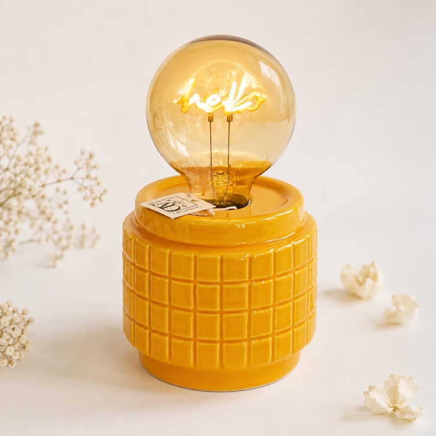 Lampada LED in Ceramica Gialla con Lampadina Scritta Luminosa Hello