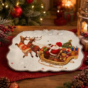 Piatto da portata Natalizio in porcellana Babbo Natale con slitta Brandani